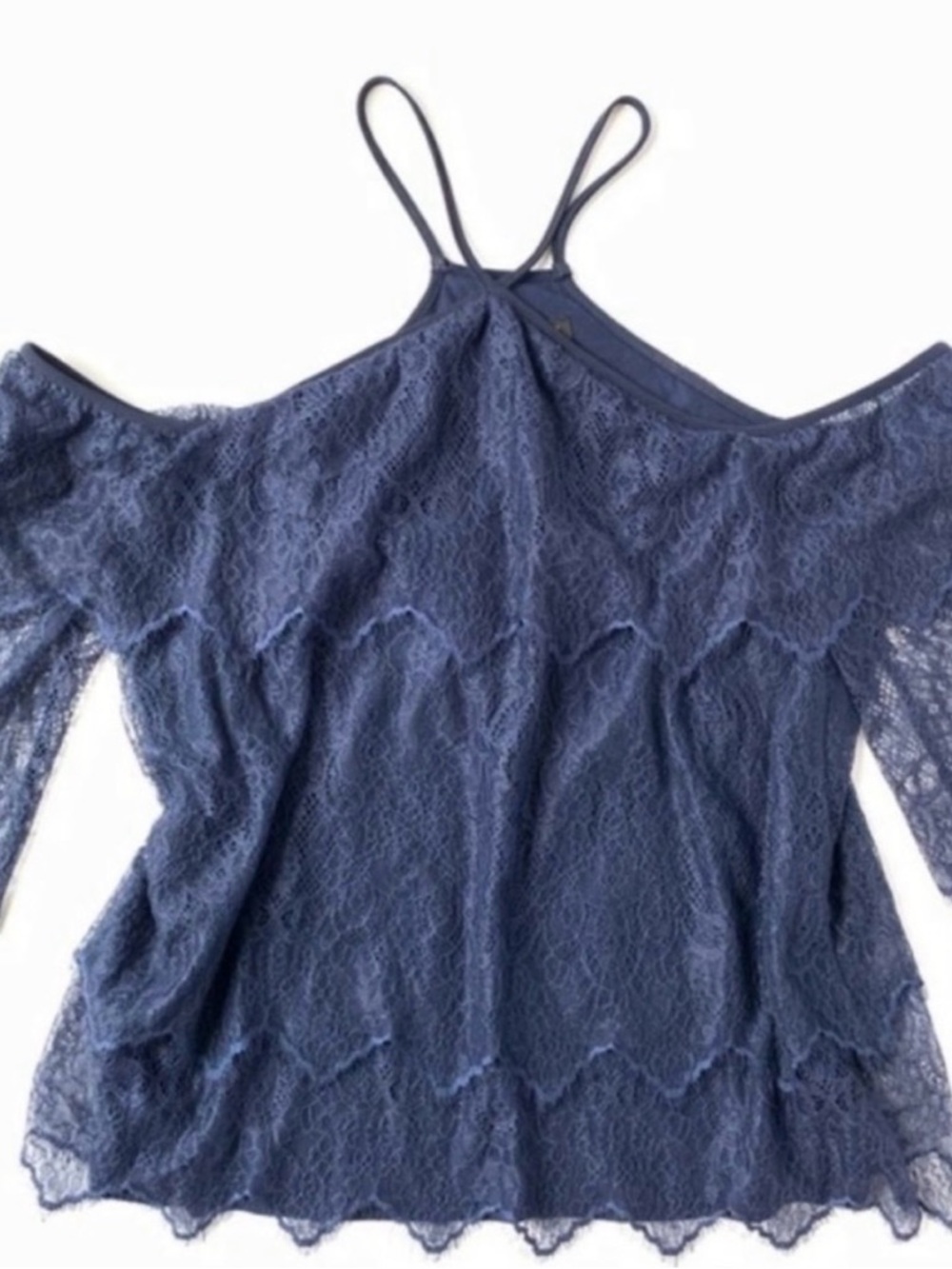 White House Black Market Navy Blue Lace Cold Shoulder Blouse Size Extra Small